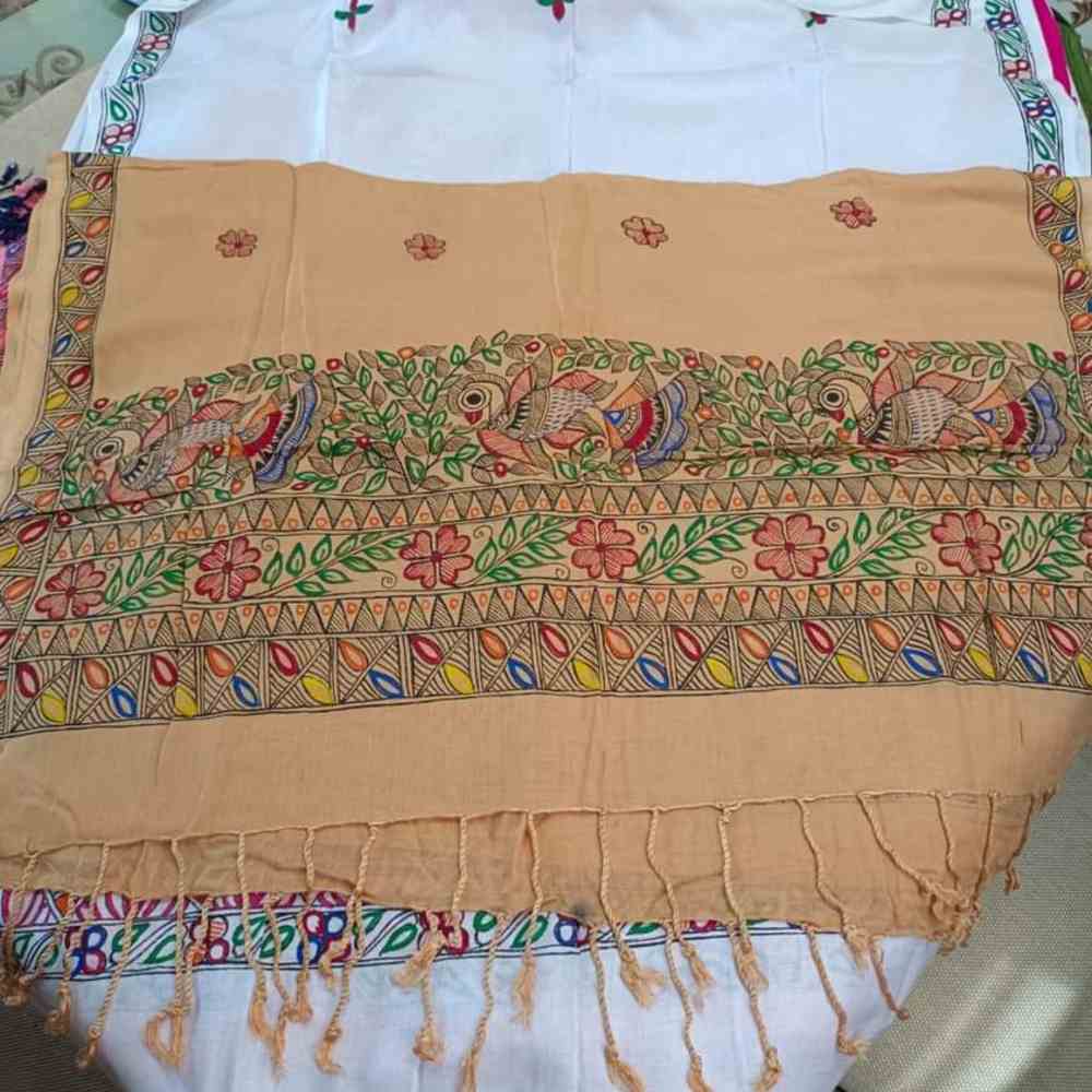 Tussar Saree with Madhubani Bride, Doli, and Kaahar Painting